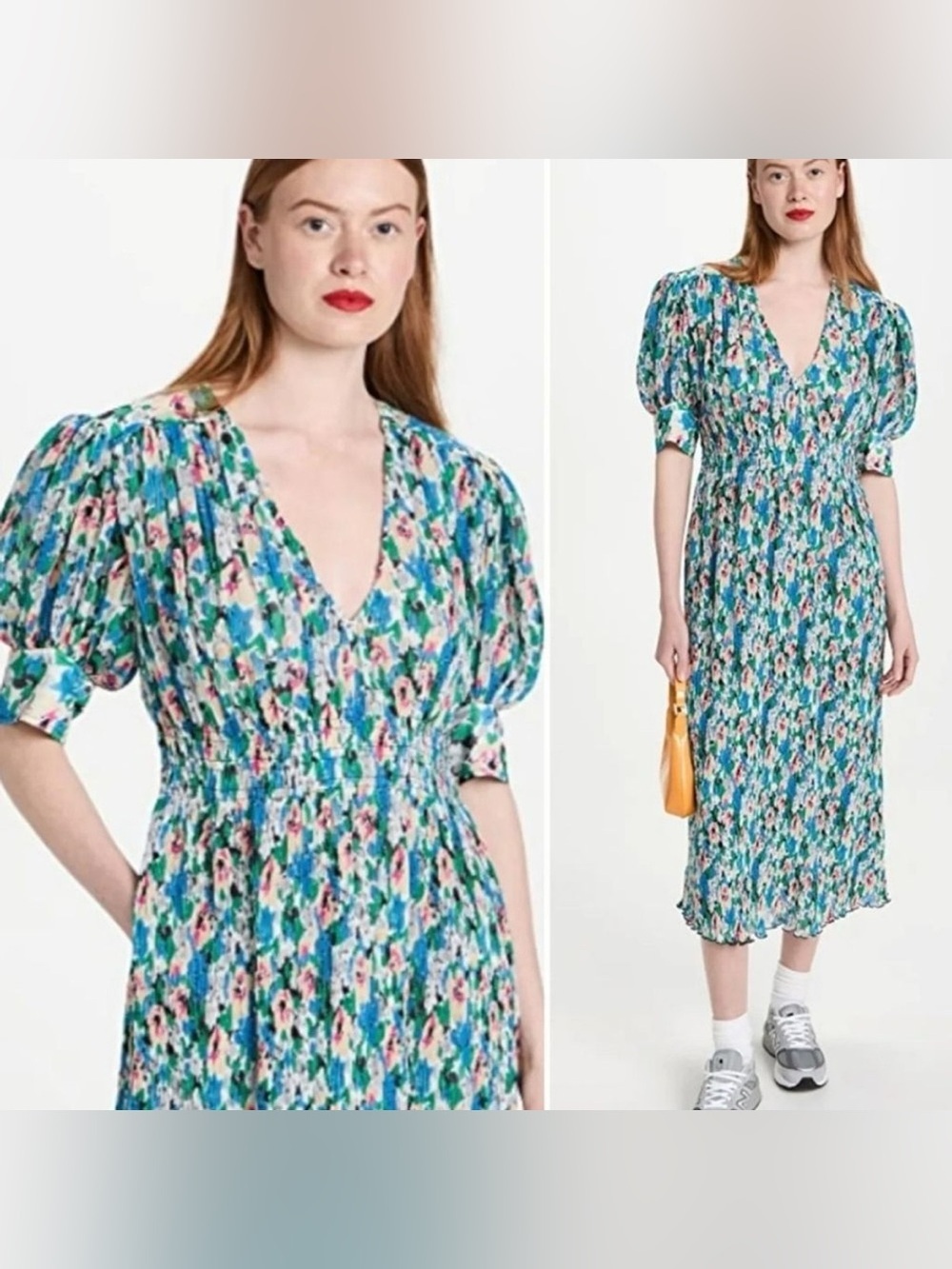 NWT Ganni Floral Pleated Georgette Blue V-Neck Puff Sleeve Midi Dress 40, Large
